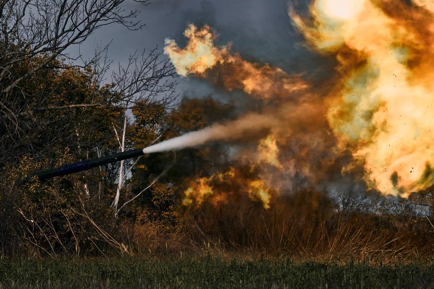 A Ukrainian tank fires near Bakhmut, Donetsk region, Ukraine.