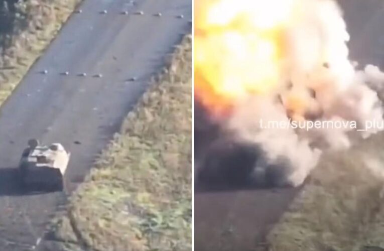 Russian vehicle cluelessly drives over landmines, explodes