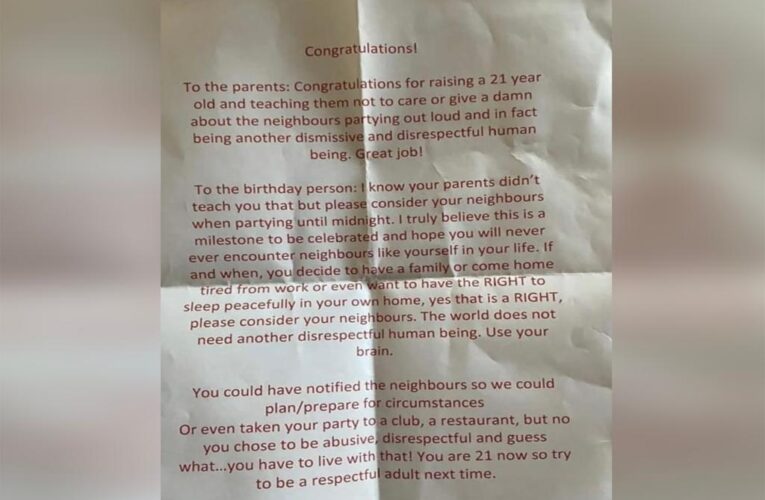 Birthday boy slammed by neighbor in ruthless letter