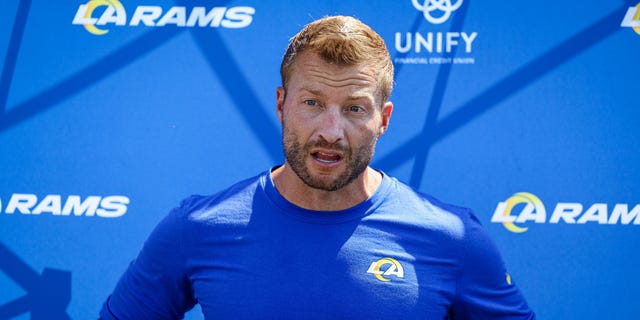 Head coach Sean McVay of the Los Angeles Rams speaks with the media during training camp at the University of California, Irvine on July 29, 2022.