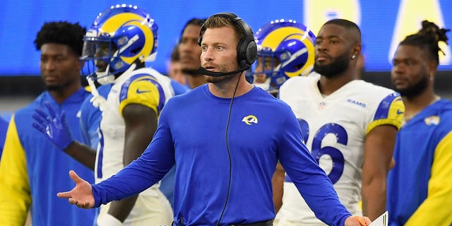 Head coach Sean McVay of the Los Angeles Rams reacts during the second quarter against the Buffalo Bills at SoFi Stadium on Sept. 8, 2022, in Inglewood, California.