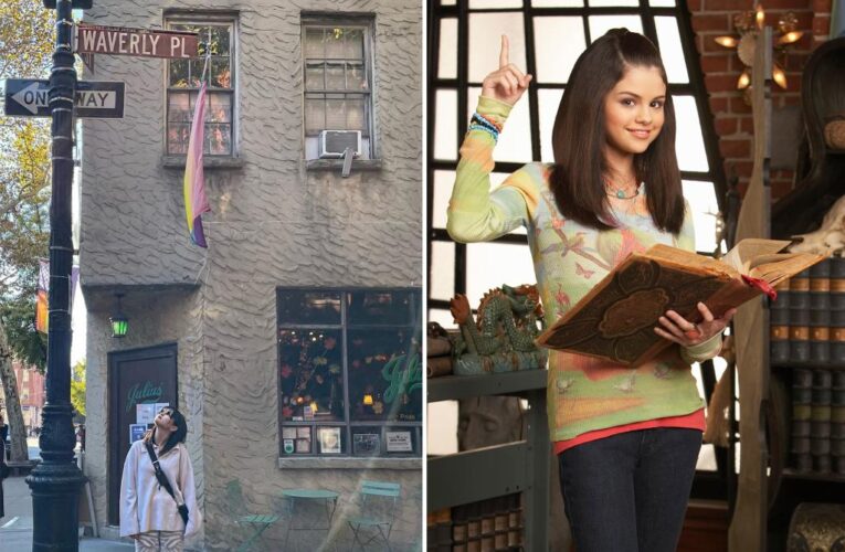 Selena Gomez takes a photo with NYC Waverly Place sign