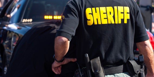 Rearview of a deputy sheriff behind a patrol car.