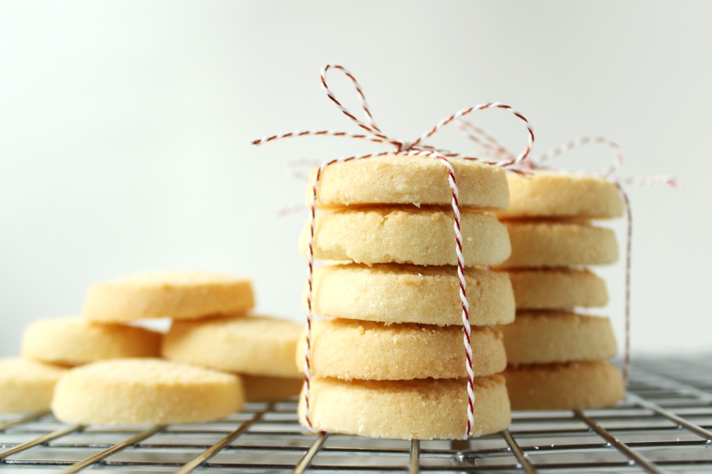 Close up side view of shortbread cookies wrapped for gifts.