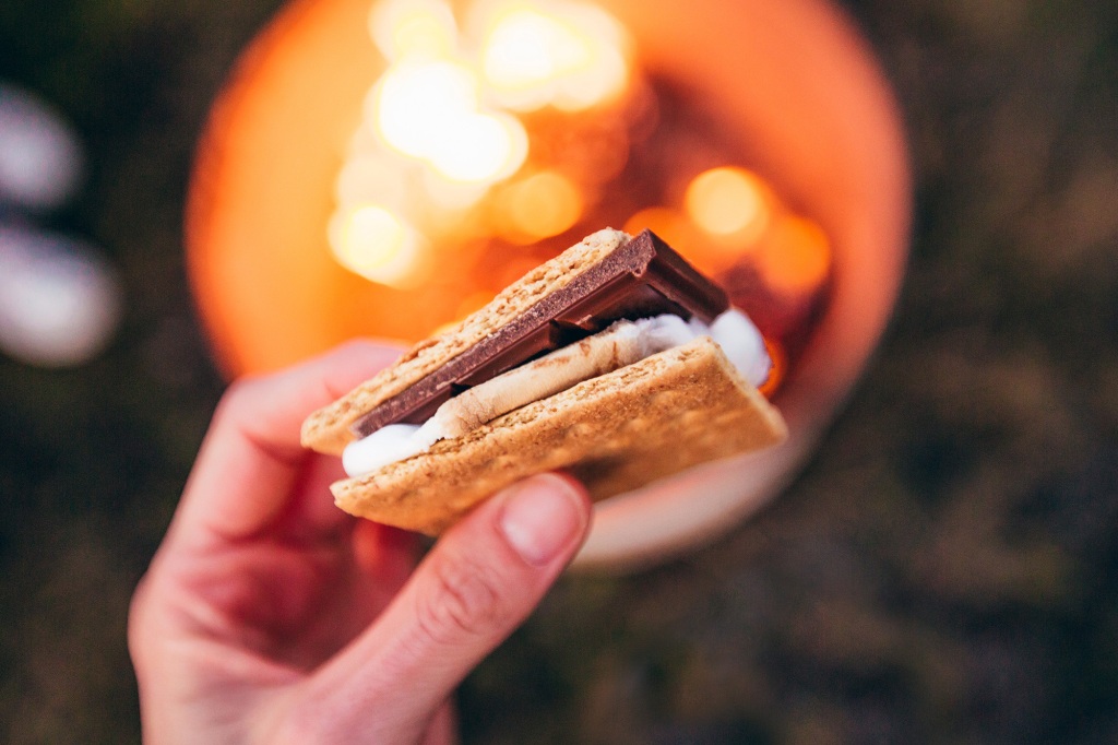 S'more over a campfire.