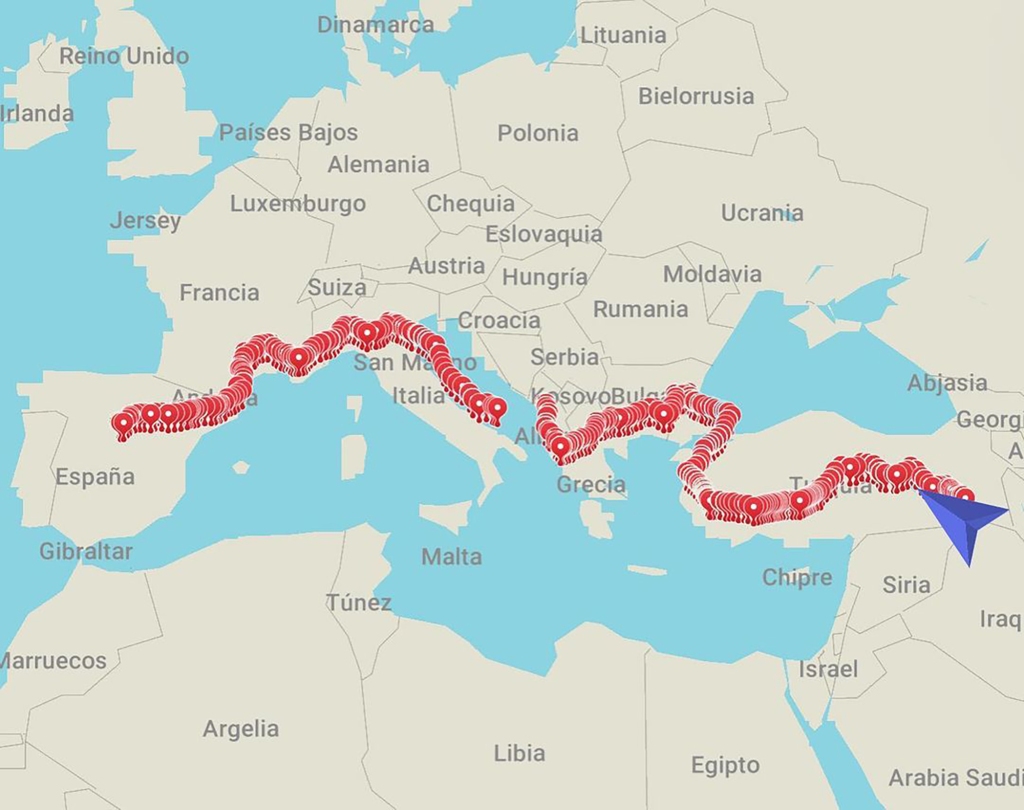 Map from Madrid to Qatar 