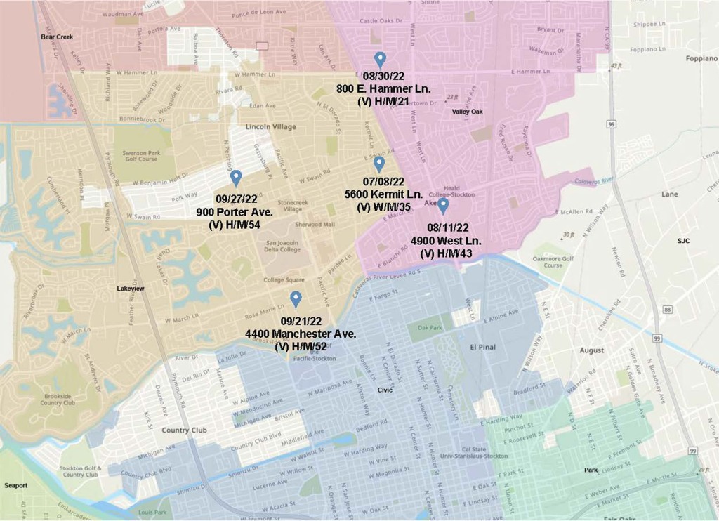 This map shows the dates and locations of the five shootings that took place in Stockton between July 8 and Sept. 27.
