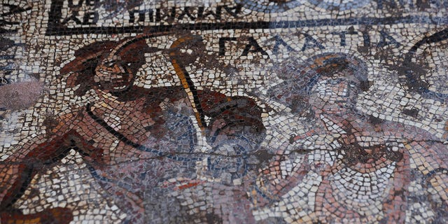 A detail of a large mosaic that dates back to Roman era is seen in the town of Rastan, Syria, Wednesday, Oct. 12, 2022. Syrian officials said it is the most important archaeological discovery since the conflict began 11 years ago. 