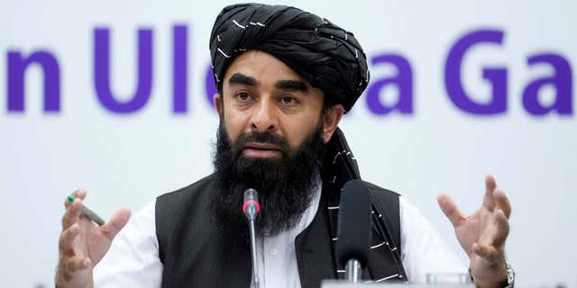 Zabiullah Mujahid, the spokesman for the Taliban government, is seen here speaking at a press conference in Kabul, Afghanistan, on June 30, 2022. Mujahid claims that China will play a key role in reviving Afghanistan's economy.