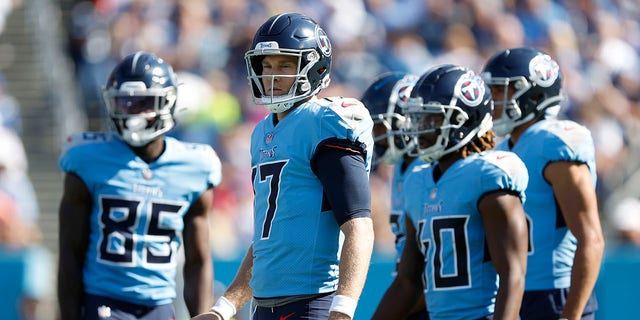 Malik Willis #7 of the Tennessee Titans looks on against the Indianapolis Colts during the first half at Nissan Stadium on October 23, 2022 in Nashville, Tennessee.