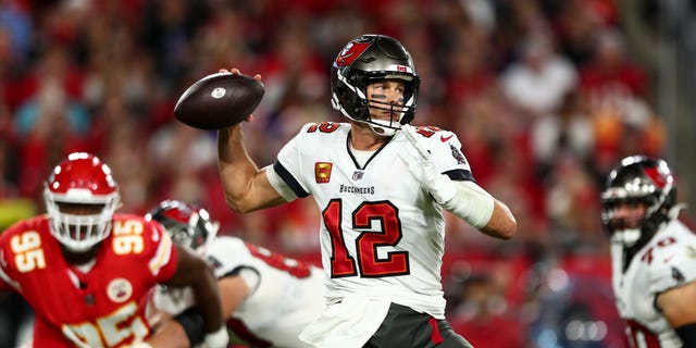 Tom Brady #12 of the Tampa Bay Buccaneers throws a pass during an NFL football game against the Kansas City Chiefs at Raymond James Stadium on October 2, 2022 in Tampa, Florida.