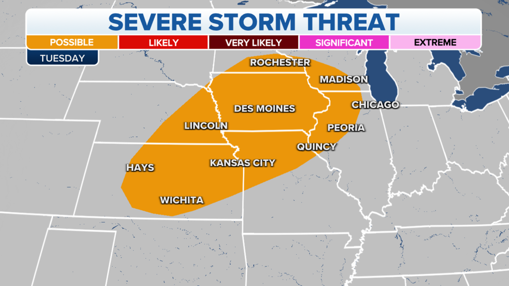 There's the threat of severe weather across areas stretching from Kansas and the central Plains northeast into Illinois and Wisconsin.