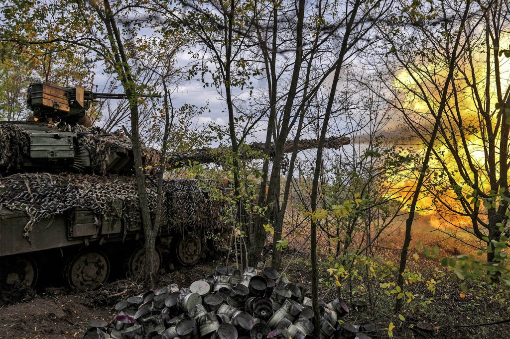 Ukrainian tank T-64 fires in Russian troops' positions direction, in Bakhmut, Ukraine, Sunday, Oct. 2, 2022.