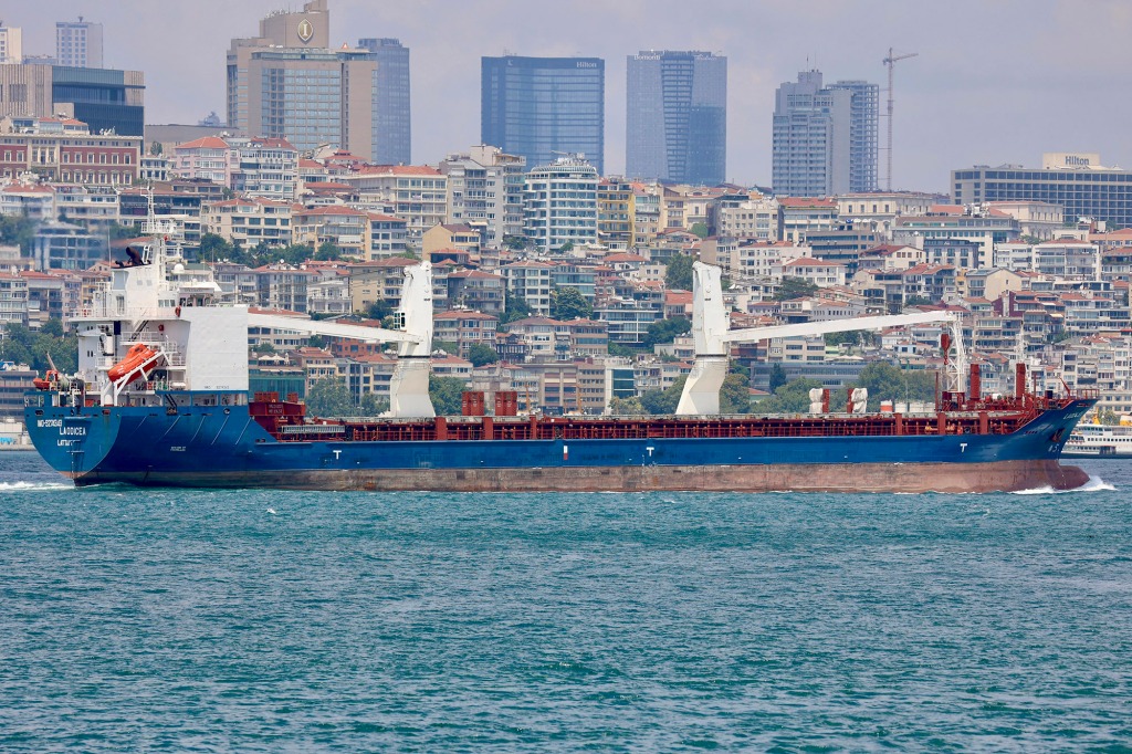 A cargo ship sails through the Bosphorus Strait in Turkey in July.