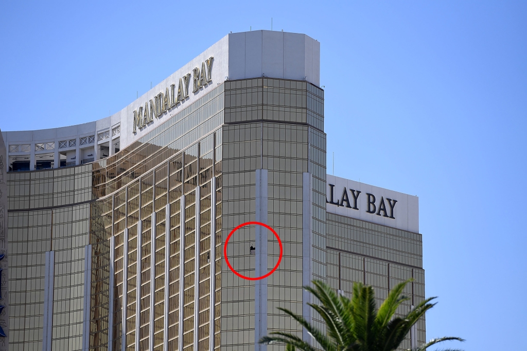 The two broken windows on the 32nd floor of the Mandalay Bay Resort & Casino where a lone gunman identified as Stephen Paddock, 64, of Mesquite, Nevada opened fire through the windows on to the Route 91 Harvest Festival on Oct. 1, 2017.