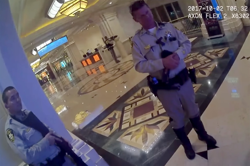 Las Vegas police take positions inside the Mandalay Bay during the shooting.