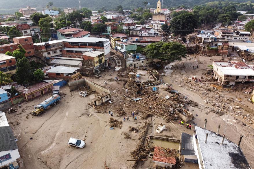 Aerial view of the zone affected by a landslide during heavy rains in Las Tejerias,