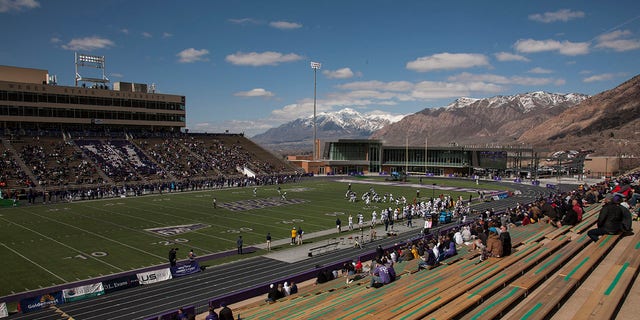 Members of the Weber State Wildcats and the Northern Arizona Lumberjacks play during their game March 27, 2021, at Stewart Stadium in Ogden, UT. 