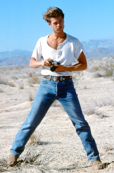 A picture of a young Brad Pitt modeling on location in the early 1990s.