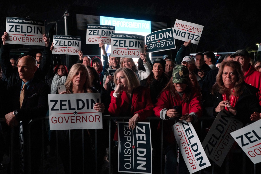 Supporters of Rep. Lee Zeldin (R-NY) attend a rally with  Florida Gov. Ron DeSantis (R-FL) stumping at a Get Out The Vote Rally on October 29, 2022 in Hauppauge, New York.