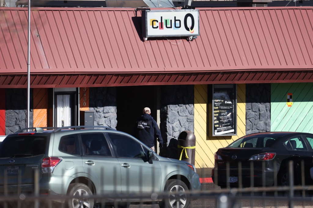 Law enforcement officials continue their investigation into Saturday's shooting at the Club Q nightclub on Nov. 21, 2022 in Colorado Springs.