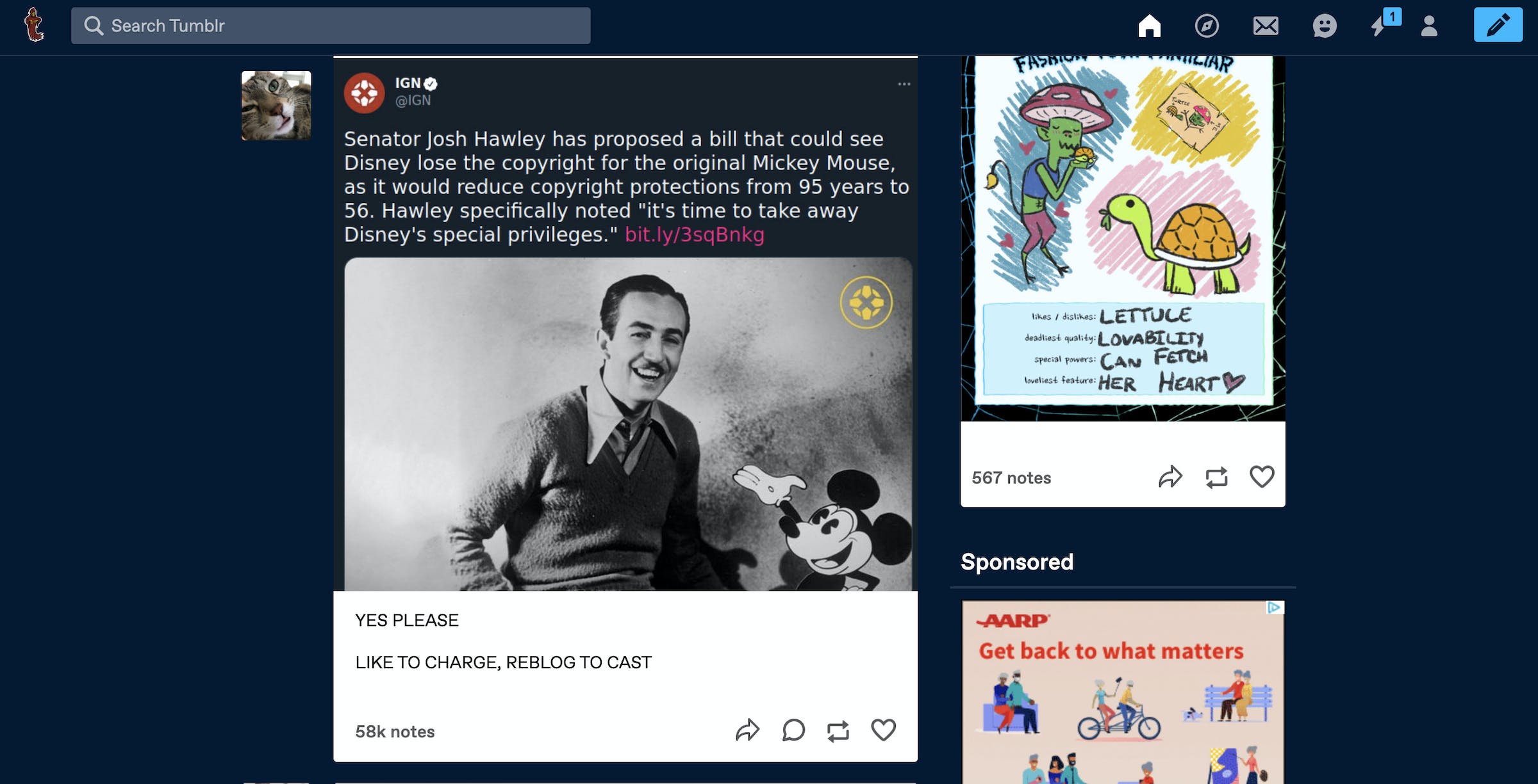 Tumblr page with an IGN article with a photo of Walt Disney.