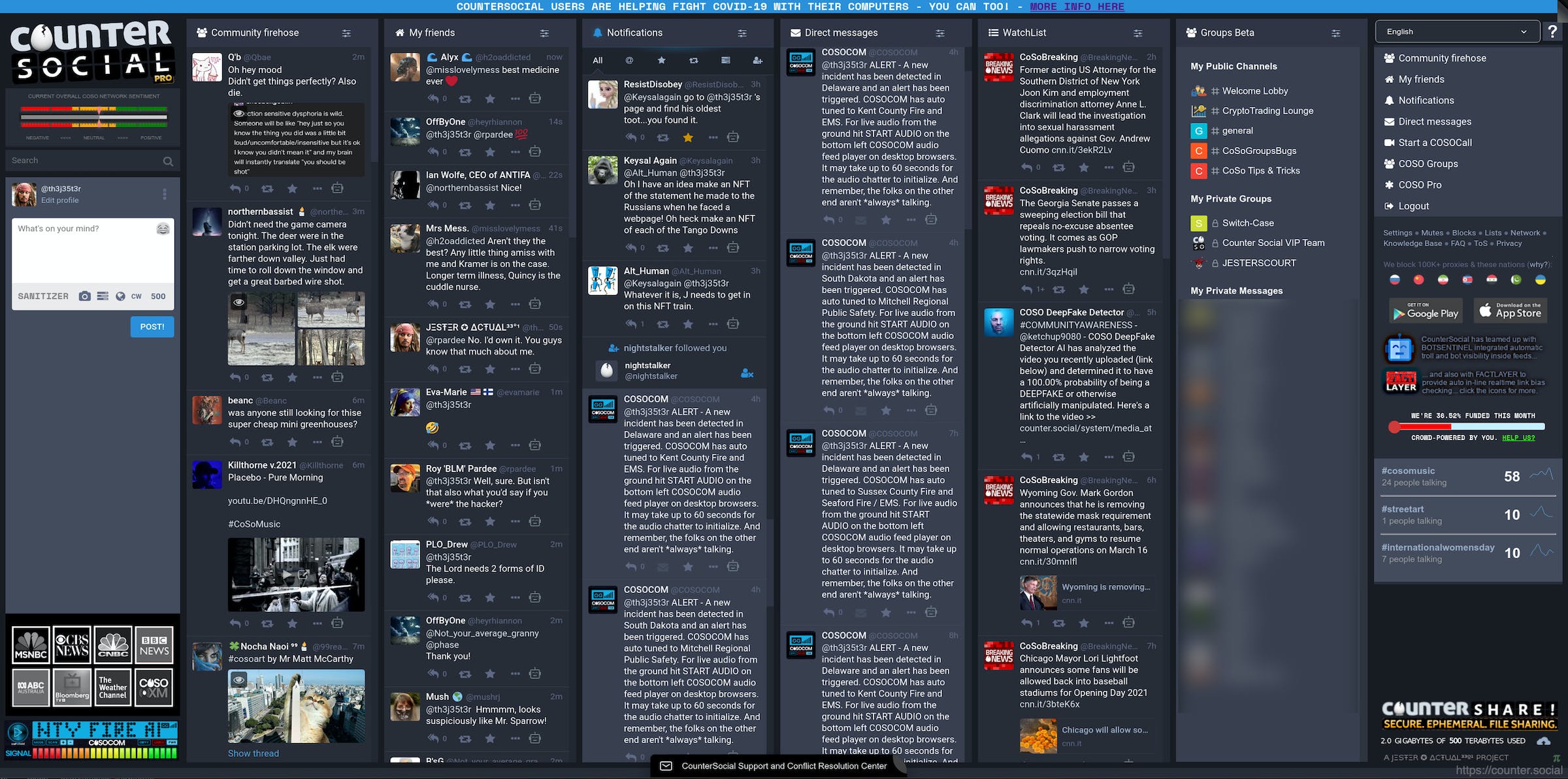 CounterSocial’s page with seven columns and a space on the left to post with.