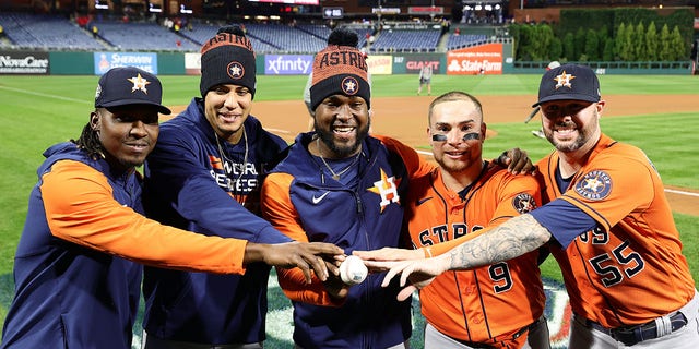 Rafael Montero #47, Bryan Abreu #52, Cristian Javier #53, Christian Vazquez #9 and Ryan Pressly #55 of the Houston Astros pose for a photo after pitching for a combined no-hitter to defeat the Philadelphia Phillies 5-0 in Game Four of the 2022 World Series at Citizens Bank Park on November 02, 2022 in Philadelphia, Pennsylvania.