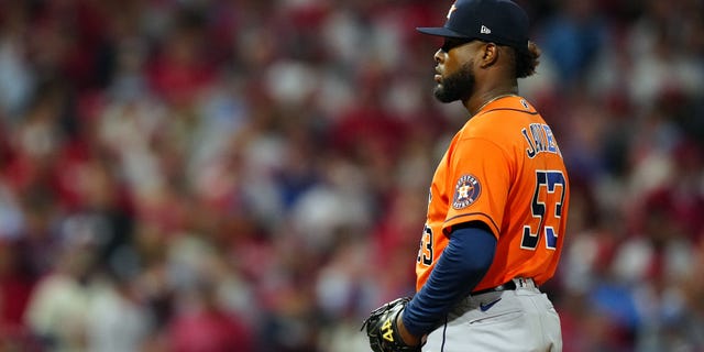 Cristian Javier #53 of the Houston Astros looks on in the third inning during Game 4 of the 2022 World Series between the Houston Astros and the Philadelphia Phillies at Citizens Bank Park on Wednesday, November 2, 2022, in Philadelphia, Pennsylvania.