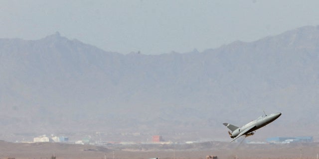 A drone is launched during a military exercise at an undisclosed location in Iran in this image obtained on Aug. 25, 2022.