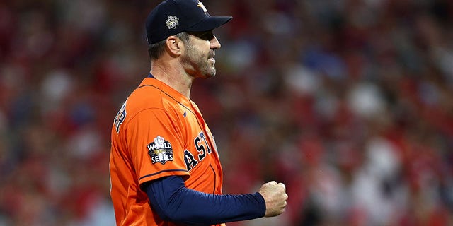 Justin Verlander #35 of the Houston Astros reacts after the end of the fifth inning against the Philadelphia Phillies in Game Five of the 2022 World Series at Citizens Bank Park on November 3, 2022 in Philadelphia, Pennsylvania. 