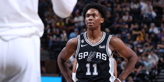 Joshua Primo of the San Antonio Spurs looks on during the game against the Utah Jazz on Oct. 11, 2022, in Salt Lake City.