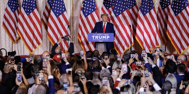 Former President Donald Trump during an announcement at the Mar-a-Lago Club in Palm Beach, Florida, US, on Tuesday, Nov. 15, 2022. Trump formally entered the 2024 US presidential race, making official what he's been teasing for months just as many Republicans are preparing to move away from their longtime standard-bearer. 