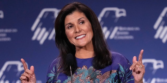 Former U.N. Ambassador Nikki Haley speaks at an annual leadership meeting of the Republican Jewish Coalition Saturday, Nov. 19, 2022, in Las Vegas. 