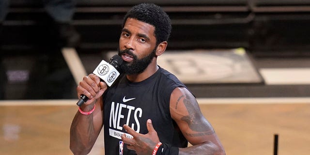 Brooklyn Nets' Kyrie Irving speaks before the team's game against the New Orleans Pelicans, Oct. 19, 2022, in New York.