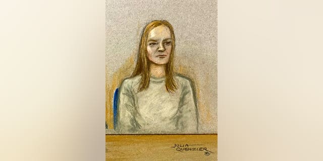 A court sketch shows Lucy Letby appearing at Warrington Magistrates' Court via videolink Nov. 12, 2020. The neonatal nurse is accused of murdering seven babies and the attempted murder of another 10 has appeared in court.