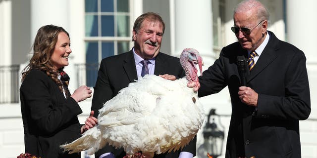 WASHINGTON, DC - NOVEMBER 21: U.S. President Joe Biden pardons Chocolate, the National Thanksgiving Turkey. (Photo by Win McNamee/Getty Images)