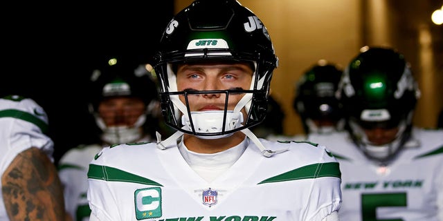 Zach Wilson of the New York Jets before the New England Patriots game at Gillette Stadium on Nov. 20, 2022, in Foxborough, Massachusetts.