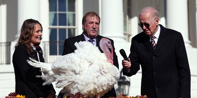 President Joe Biden pardons Chocolate, the national Thanksgiving turkey, on the South Lawn of the White House Nov. 21, 2022.