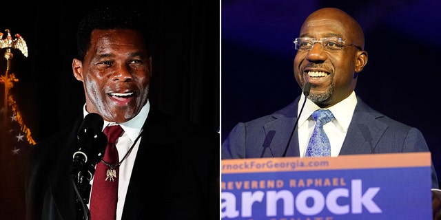 Republican U.S. Senate candidate Herschel Walker, left, and Democratic Sen. Raphael Warnock speak at their respective election-night watch parties in Atlanta on Nov. 8, 2022.