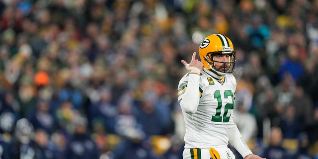 Green Bay Packers quarterback Aaron Rodgers reacts after a play during the first quarter in a game against the Tennessee Titans at Lambeau Field in Green Bay, Wisconsin, on Thursday.