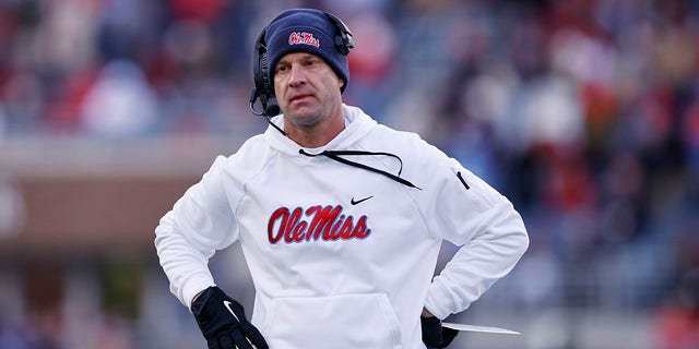 Mississippi Rebels head coach Lane Kiffin looks on during a college football game against the Alabama Crimson Tide on November 12, 2022, at Vaught-Hemingway Stadium in Oxford, Mississippi. 