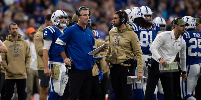 Indianapolis Colts head coach Frank Reich and Indianapolis Colts offensive coordinator Nick Sirianni on the sidelines during the NFL game between the Jacksonville Jaguars and the Indianapolis Colts on November 17, 2019, at Lucas Oil Stadium, in Indianapolis, IN. 