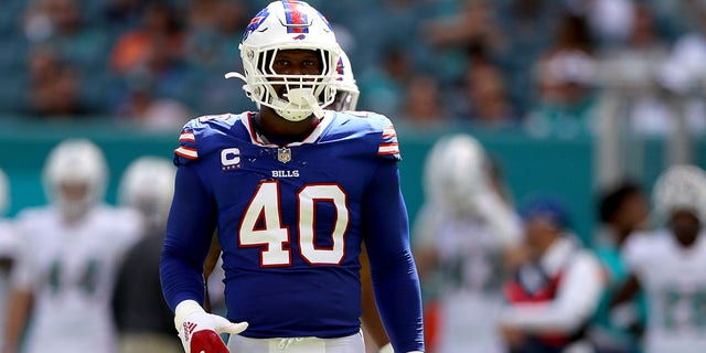 Von Miller of the Buffalo Bills looks on during the first half of an NFL game against the Miami Dolphins at Hard Rock Stadium in Miami Gardens, Florida, on Sept. 25, 2022.