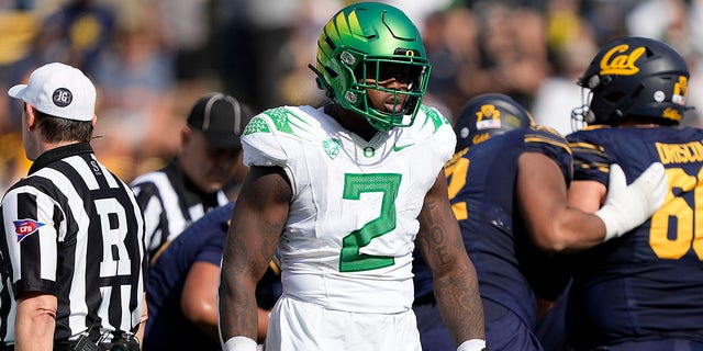 DJ Johnson of the Oregon Ducks after sacking the California Golden Bears quarterback at FTX Field at California Memorial Stadium on Oct. 29, 2022, in Berkeley.