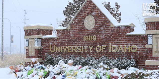 A memorial for the slain students at the University of Idaho, Monday, November 28, 2022, is covered in snow. The memorial is in honor of the victims of a quadruple homicide involving in an off-campus home on November 13.