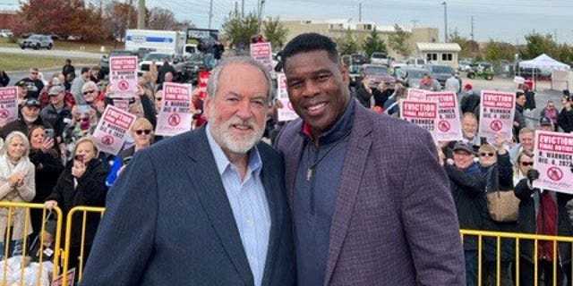 Former Republican Arkansas Gov. Mike Huckabee campaigned with Republican Georgia Senate nominee Herschel Walker on November 16, 2022 in McDonough, Georgia.