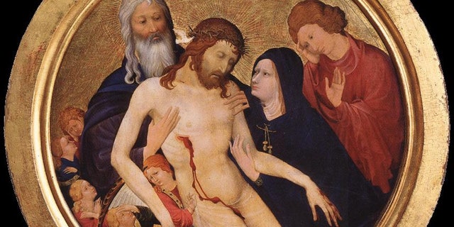 Heath pointed out that in the 13th century Pietà by Jean Malouel, the blood from Jesus' side flows to his groin.