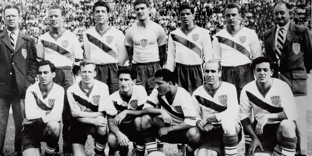 The U.S. team from 1950: (back row, L-R) manager Chubby Lyons, Joe Maca, Charlie Colombo, Frank Borghi, Harry Keough, Walter Bahr, coach Bill Jeffrey; (front row, L-R) Frank Wallace, Ed McIlvenny, Gino Pariani, Joe Gaetjens, John Souza, Ed Souza.