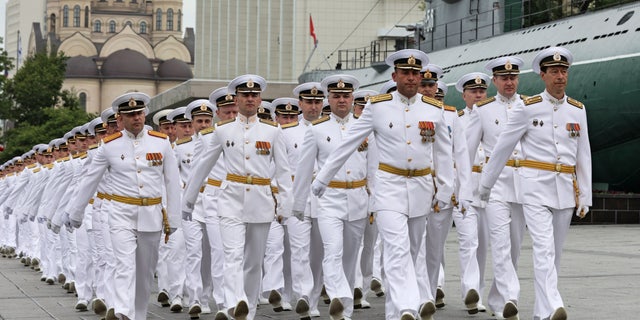 Russian navy officers take part in a graduation ceremony at the Makarov Pacific Higher Naval School in Vladivostok, Russia June 18, 2022.